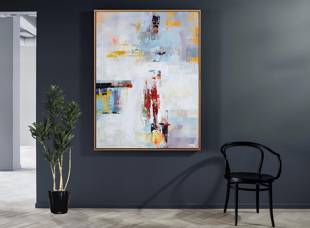 Extra Large Acrylic Painting On Canvas,Vertical Palette Knife Contemporary Art,Acrylic Painting Canvas Art,White,Grey,Red,Yellow.etc - Click Image to Close